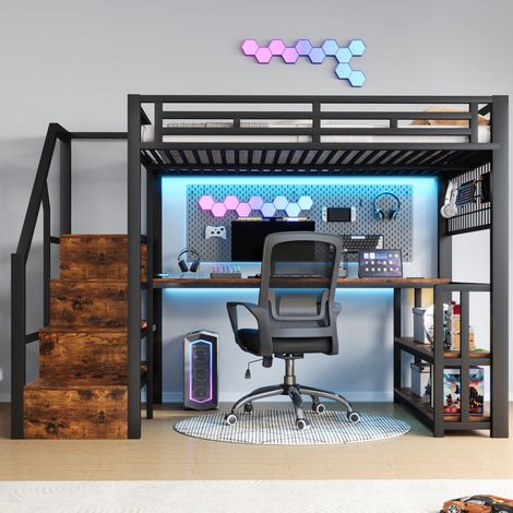 lit adulte rangement 140x200 metal noir bureau integre OKMYHOME (1/5)