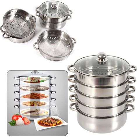 Dampfkocher, 5 Lagiger Dampfkocher Dampfkocher Edelstahl Schongarer mit Glasabdeckung, Induktion Kochtopf Dampfgarer -26cm /10 Zoll