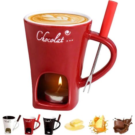 Tasse à fondue au chocolat, service à fondue en céramique 200 ml avec fourchette, pour fromage et chocolat (1/5)