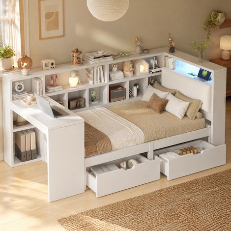 Lit 90x200 avec bureau, rangements et LED, blanc HAVRYA (1/5)