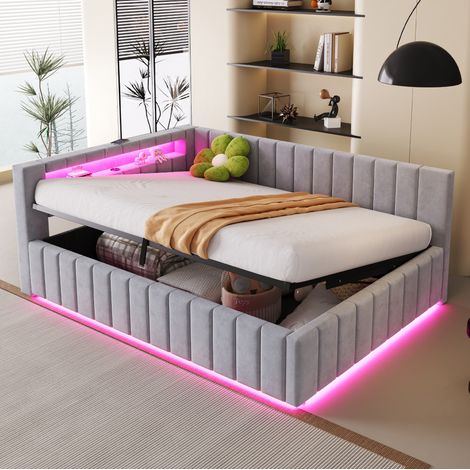 Letto matrimoniale imbottito 140x200 cm grigio in velluto con contenitore idraulico, LED e USB (1/5)