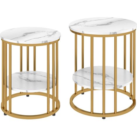 Lot de 2 Tables Basses Design Moderne - Plateau Marbre Synthétique - Cadre Acier avec Étagère - Coloris Blanc (1/5)