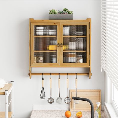 Armoire murale vitrée 63x18x60 cm en bois et verre naturel, avec rangement gain de place FloraGrace (1/5)