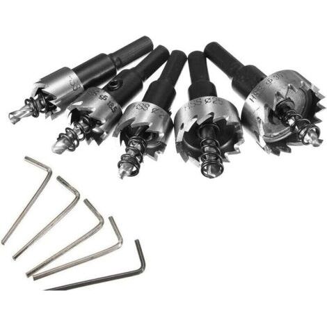 Pair Jeu de 5 scies cloches 16/18,5/20/25/30 mm en acier inoxydable HSS haute vitesse, avec ressort en alliage métallique argenté. (1/5)