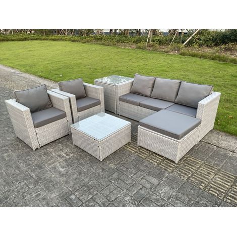 Fimous Salon de Jardin Ensemble 6 places Ensemble de canapé en rotin ave Canapé 3 places 2 Fauteuil Table d'appoint Table basse Carrée Grand Tabourets Gris Clair (1/5)