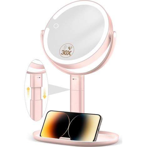 1 Miroir cosmétique, double face 30x, 64 LED, réglable hauteur, 3 couleurs, salle de bain (1/5)