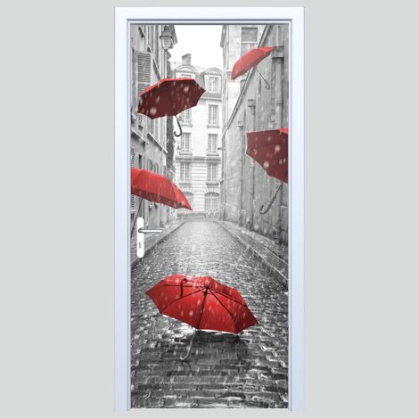Autocollant de porte en tissu, rue, parapluies rouges 002PD