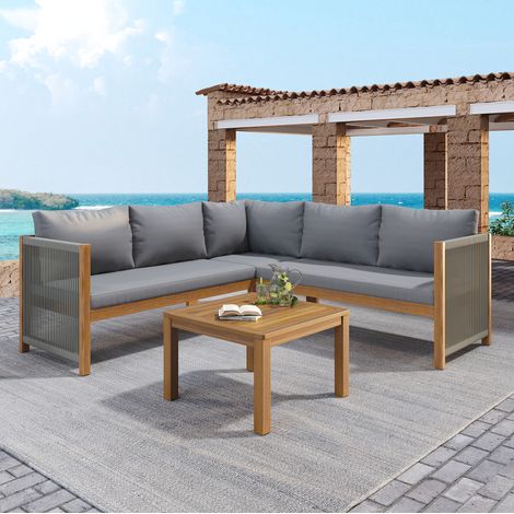 Dreiteiliges Gartenmöbel-Set aus Akazienholz und Polyester in Grau, Ecksofa mit Couchtisch, geflochtene Seildetails (1/5)