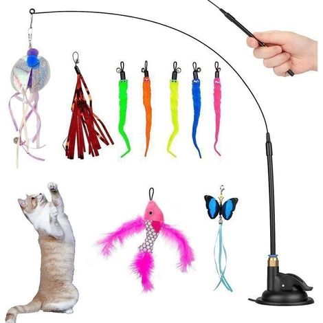 Jouets interactifs chat-Jouets chatons-10 pcs-Baguette teaser plume-Rechange bandeau cloche-Jeu divertissement chat d'intérieur (1/4)