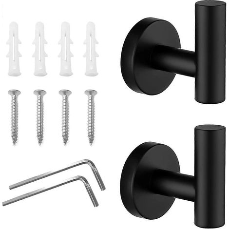 Crochets porte-serviettes, lot de 2, en acier inoxydable noir mat, avec vis, pour salle de bain, cuisine, salon et bureau. (1/5)