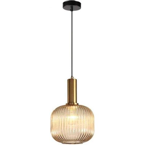 Lustre moderne, douille dorée avec abat-jour en verre ambré, suspension LED (1/4)