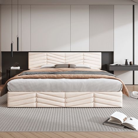 Letto contenitore Letto matrimoniale imbottito per adulti 180 x 200 cm con testiera regolabile in altezza, velluto, beige (1/5)