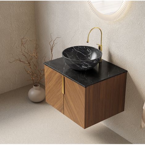 Waschtisch-Set aus Sperrholz und Keramik/Sinterstein in Espresso-Schwarz, wandhängend, mit 2 Türen und Soft-Close (1/5)