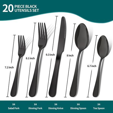 Ménagère 20 pièces noire ENLOY, couverts en acier inoxydable pour 4 personnes, robuste, lavable au lave-vaisselle, couteau, fourchette et cuillère polis miroir pour restaurant (1/4)