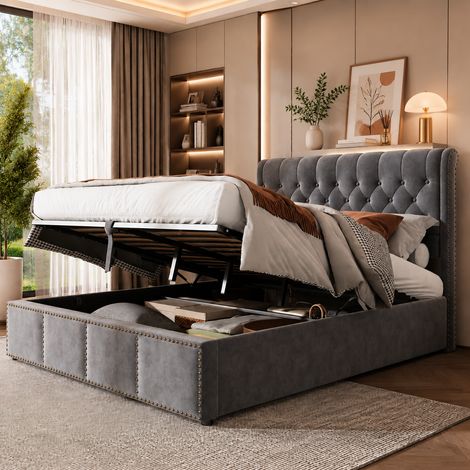 Lit capitonné 160x200 cm,  lit coffre avec sommier à levier hydraulique,lit double , lit fonctionnel avec rangement, décor clouté, sans matelas, Cadre à lattes,velours, Gris (1/5)