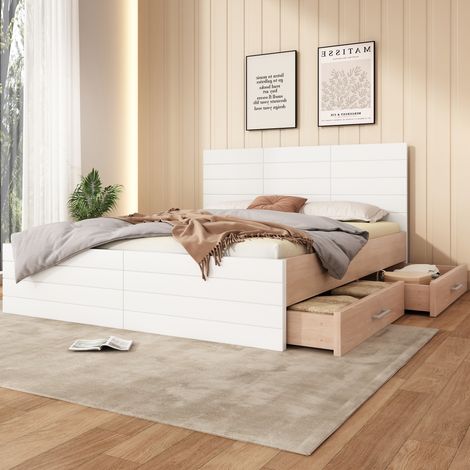 Lit double en bois 160×200 cm avec 2 tiroirs, lit moderne avec cadre de lit et sommier à lattes - 207×80×165 cm (L×H×B) ensemble chêne/blanc (sans matelas) (1/5)