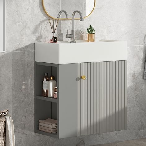 URBAN MEUBLE Meuble de Salle de Bain Suspendu 55cm avec Vasque, Petit Lave-Mains, Gris Clair (robinet non inclus)