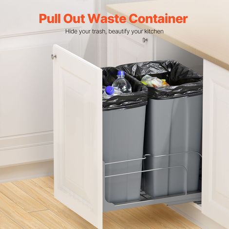 Poubelle coulissante sous meuble cuisine 2x50QT, bac déchets encastrable acier, tri recyclage avec kit porte et fermeture douce, pour placard évier sous comptoir gris (1/5)