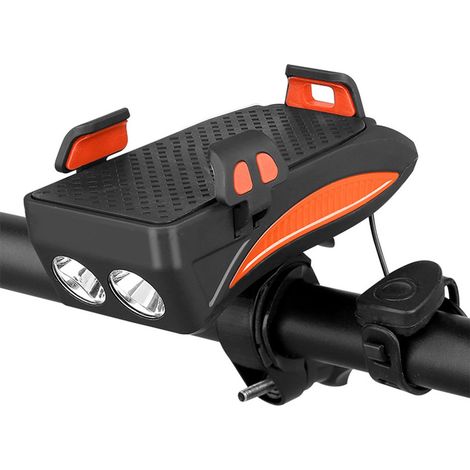 Luce per bicicletta - Supporto per cellulare con batteria esterna - Supporto per smartphone - 2400 mAh - Campanello - Faro anteriore - Arancione (1/5)