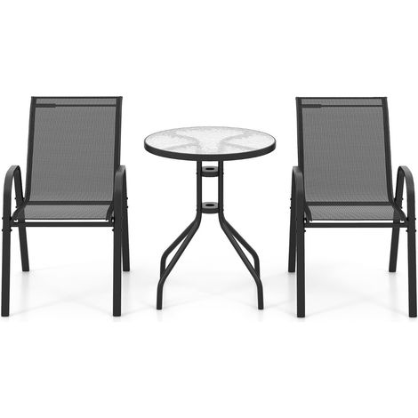 Set bistrot da esterno 3 pezzi, Tavolino rotondo con 2 sedie impilabili piano tavolo in vetro temperato Nero (1/3)
