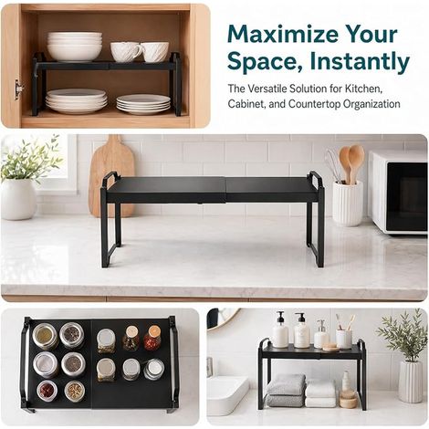 Etagere Cuisine Coulissante 33-53 cm, Organisateur Placard Cuisine en Acier Carbone pour Plan de Travail et Armoire, pour Épices et Accessoires de Cuisines, Noir (1/3)