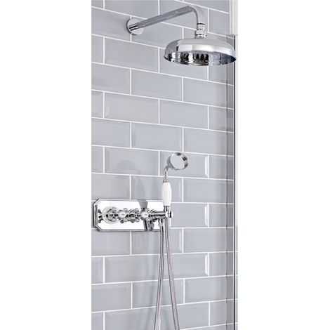 Milano Elizabeth 2 Outlet Twin Diverter Thermostatic Mixer Shower Valve with 200mm Rainfall Shower Head Hand Shower and Hose - Chrome & White (Wall Mounted Head) (1/5)
