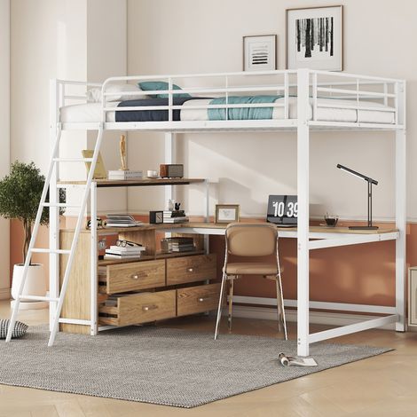 Bett 140x200 Schreibtisch Stauraum Schubladen Weiß HAVRYA (1/5)