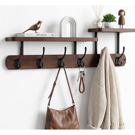 Porte Manteau Mural 59 cm avec Étagère à 2 Niveaux,Patère Murale en Bois avec 6 Crochets Doubles,Porte Clé Mural Moderne pour Entrée,Couloir,Chambre,Salon (1/5)