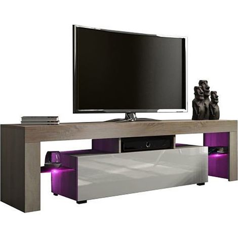 Dusine – Meuble TV en chêne mat 160 cm – Porte laquée blanche – Éclairage LED intégré – Design moderne pour salon (1/3)