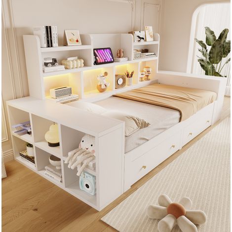 Divano letto estraibile 90/180x200 cm in legno bianco, salvaspazio, senza materasso - MEUBLIV (1/5)