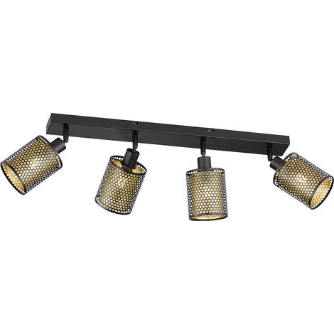Deckenstrahler Deckenleuchte Wohnzimmerlampe, 4-flammig, Gitterdesign, Spots beweglich, Stahl, schwarz golden, 4x E14 Fassungen, LxBxH 64x10x18 cm (1/5)
