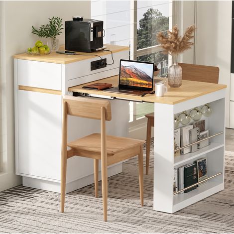 Mesa de comedor extensible con ruedas, isla de cocina 58 a 154 x 80,5 x 94 cm, MDF blanco HAVRYA (1/5)