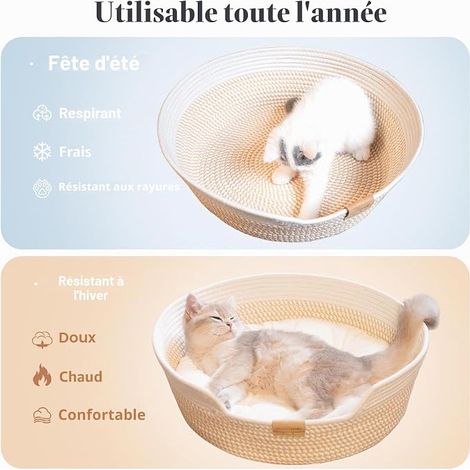 Panier Chat Tressé en Corde Lit Respirant, Design Artisanal, Panier Rond et Douillet pour Toutes Saisons, Style Nordique, 47x47x15 cm (1/3)
