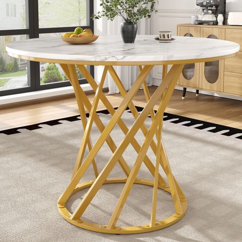 Runder Esstisch 80x80x76 cm weiß-gold MDF und Metall mit verstellbaren Füßen (1/5)