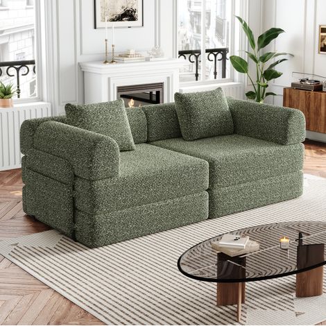 Poltrona letto modulare verde in ciniglia con vano portaoggetti e struttura in acciaio (1/5)