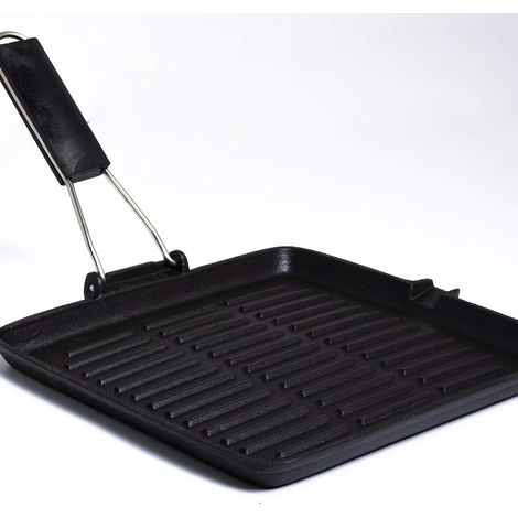 Aeternum Bistecchiera Grill In Ghisa Quadrata 28x28 Cm Con Manico Pieghevole, Antiaderente, Adatta All'Induzione