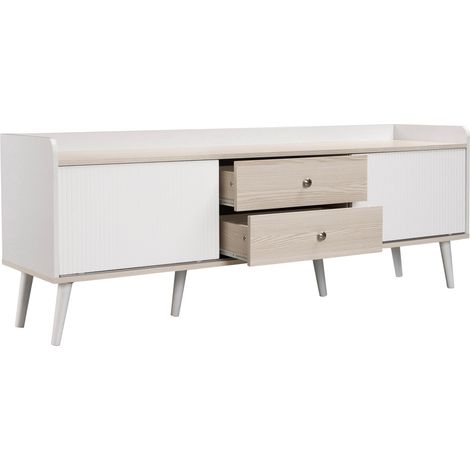 Meuble TV bas 160 cm avec 2 portes coulissantes, 2 tiroirs, rangement spacieux et plateau à rebord, blanc et bois clair - CHICFURN (1/5)