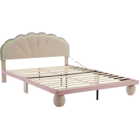 Polsterbett 140x200 cm aus Samt in Beige und Rosa mit mehrfarbigen Lichtstreifen (1/5)