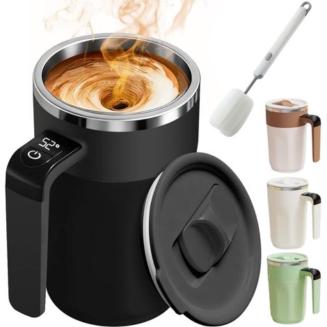 Self-stirring coffee mug with temperature display, electric self-stirring mug with magnetic mixing, smart temperature control mug, black