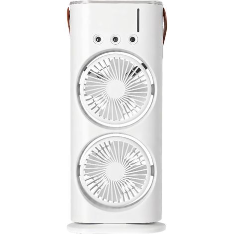 Ventilador de escritorio recargable – doble cabezal con triple salida de nebulización – 3 velocidades – iluminación LED multicolor – con correa para colgar – control independiente superior e inferior (1/5)