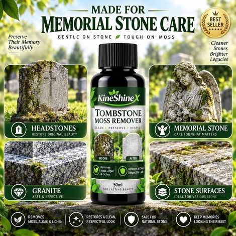 KineShineX Tombstone Moss Remover entfernt Moos, Algen, Flechten und Granit von Grabsteinen und Gedenksteinen. (1/4)