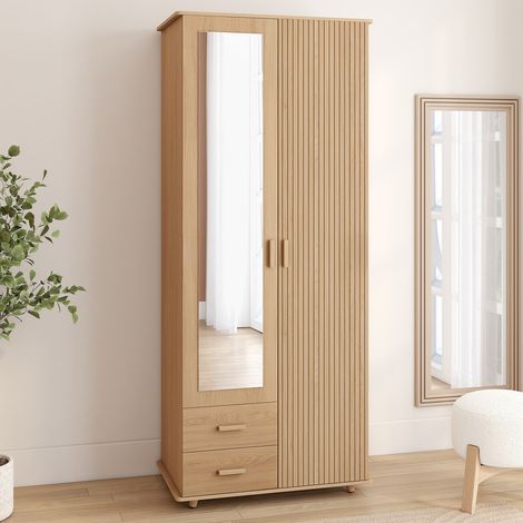 JULIETTE Armario de 2 puertas efecto listones de madera Armario de 80 cm con 2 cajones, espejo y estantes (1/5)
