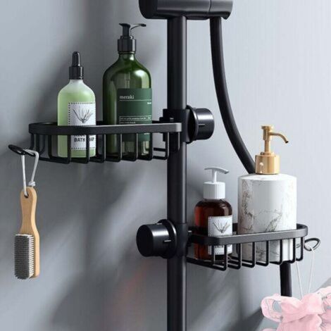 Mensola e contenitore per doccia - Set di 2 mensole per doccia in acciaio inox senza foratura, mensola telescopica per bagno in acciaio inox, supporto per mensola doccia, asta portasapone per doccia, (1/5)
