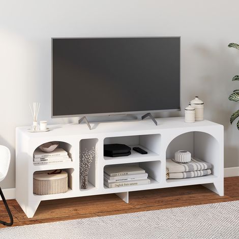 Mueble TV orgánico ALESIA 140 cm con 6 nichos de madera blanca (1/5)