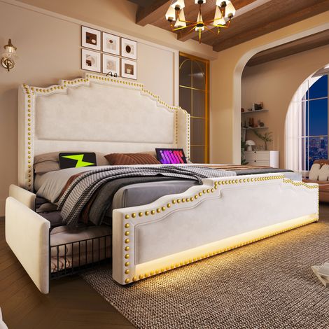 letto contenitore 180x200 con LED USB velluto beige HAVRYA (1/5)
