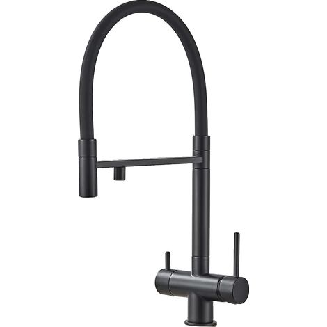 Grifo de cocina, doble manija, caño extraíble, negro mate. (1/2)