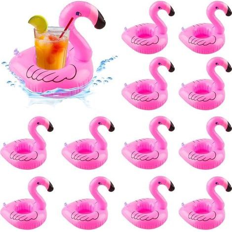 Porte-gobelets gonflables, lot de 12, dessous de verre flamant rose, porte-gobelets gonflables pour piscine, fêtes aquatiques, plage d'été. Dimensions après gonflage : 22 × 18 cm. (1/5)