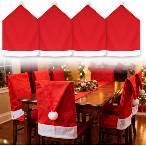 4 Housses de chaise de Noël, housses de dossier de chaise en forme de chapeau de Père Noël rouge pour décoration de table de salle à manger de festival de Noël d'intérieur. (1/4)
