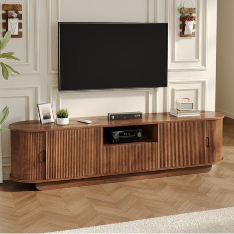 Mobile TV 180x40x50 cm con ante scorrevoli, cassetto e vano aperto, struttura 3D, colore noce (1/5)