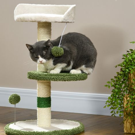 Arbre à chat avec niche, 2 balles, plateforme et poteau en sisal, blanc et vert (1/5)